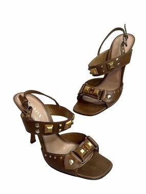 Prada Brown Leather Stud-Embellished Slingback Heels